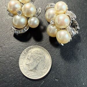 Elegant 14K Solid White Gold antique Pearls & Diamonds Cluster Clip Earrings.